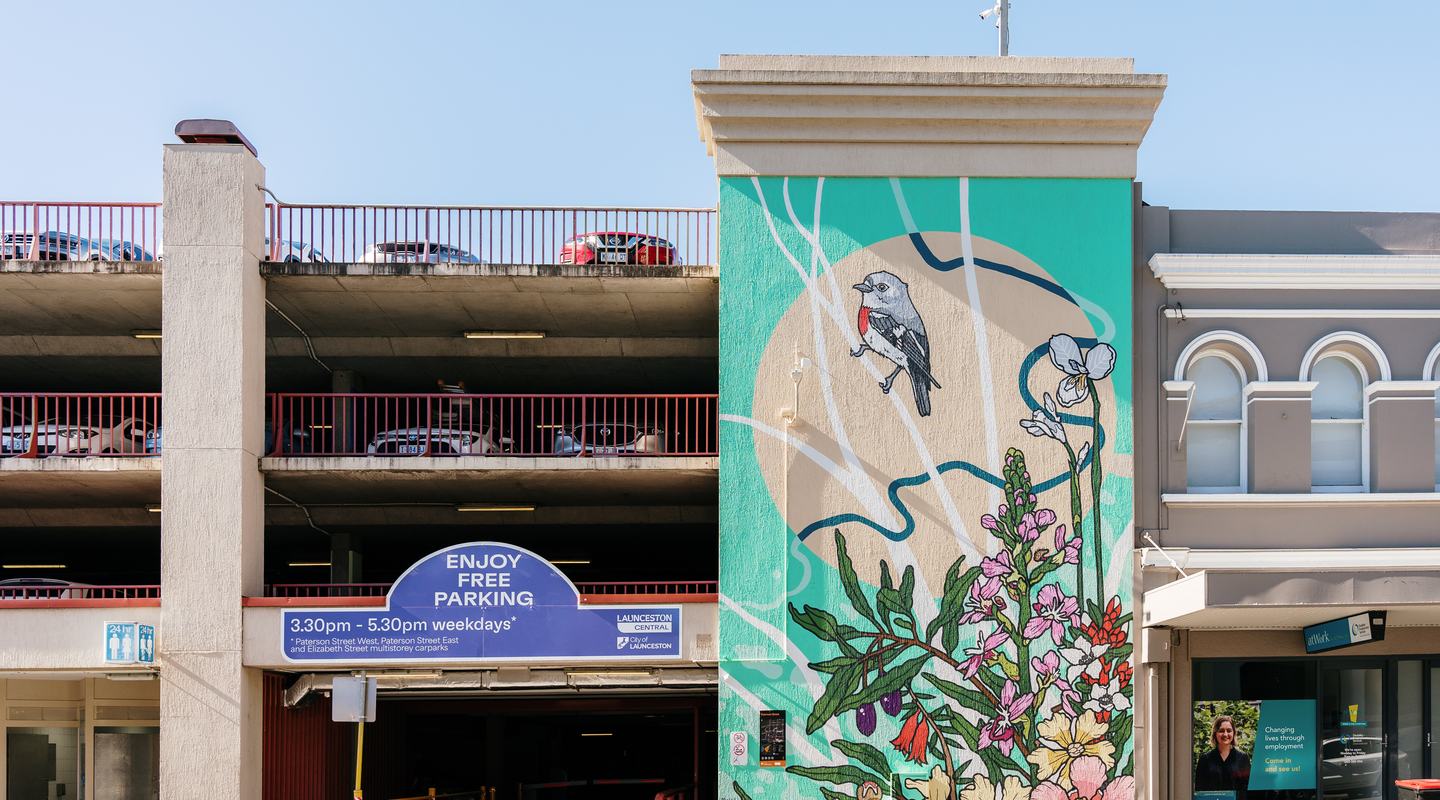 Mel McVee's finished mural for Launceston in 2024.